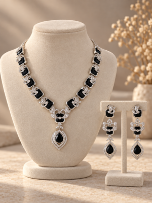 Jennifer black American Diamond necklace set with teardrop pendant and matching earrings