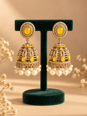 Pair of Kaashvi yellow jhumka earrings by Jewel Hub Studio