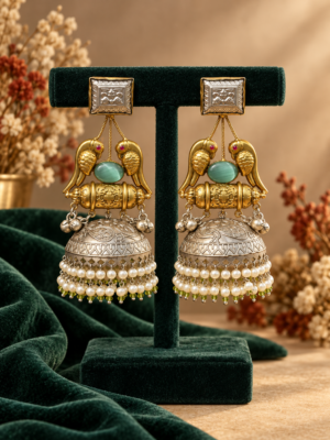 Radhika mint green brass jhumka earrings with a golden finish appearance