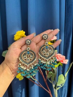 Meenal Kundan Earrings – Teal Blue