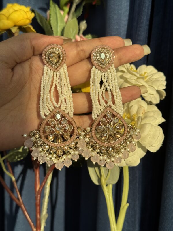 Vrinda Kundan Pearl Earrings - Light Pink