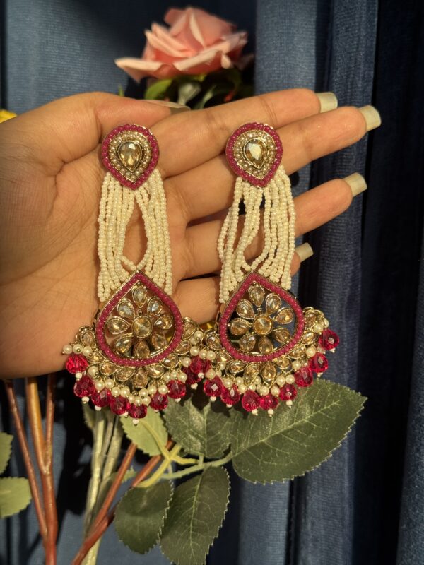 Vrinda Kundan Pearl Earrings - Dark Pink
