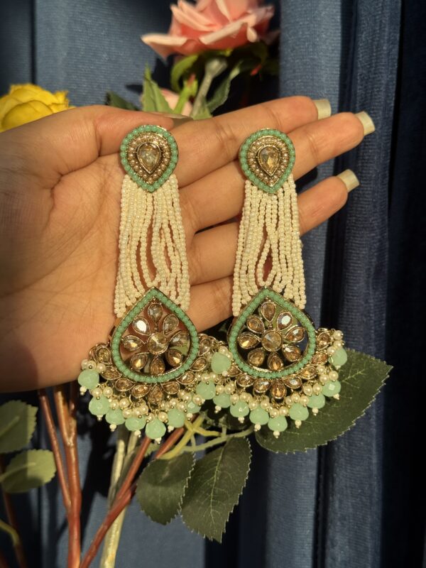Vrinda Kundan Pearl Earrings - Light Green