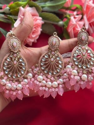 Diljeet Kundan Earrings With Mangtika – Pink
