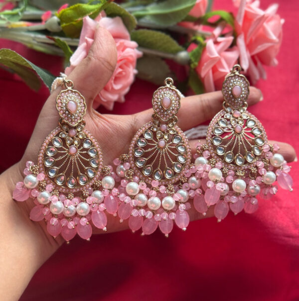 Diljeet Kundan Earrings With Mangtika - Pink