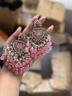Ishani Kundan Chandbali Earrings – Pink