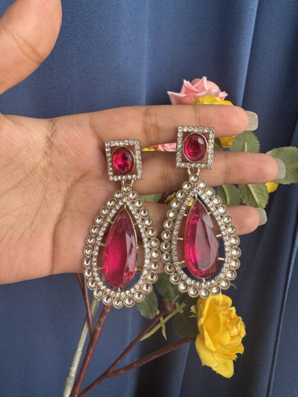 Ashika Premium Stone Earrings - Dark Pink