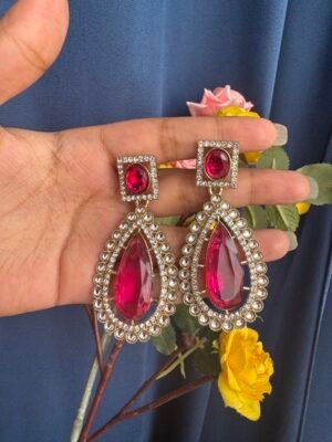 Ashika Premium Stone Earrings – Dark Pink
