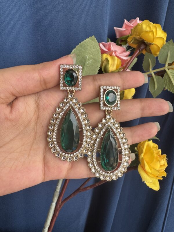 Ashika Premium Stone Earrings - Dark Green