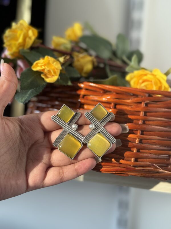 Brass Stone Earrings - Yellow
