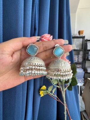 Rubeena Brass Jhumka – Light Blue