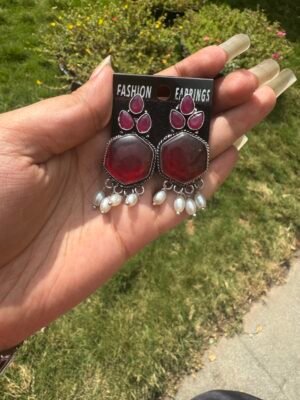 Brass Stone Earrings Dark Wine