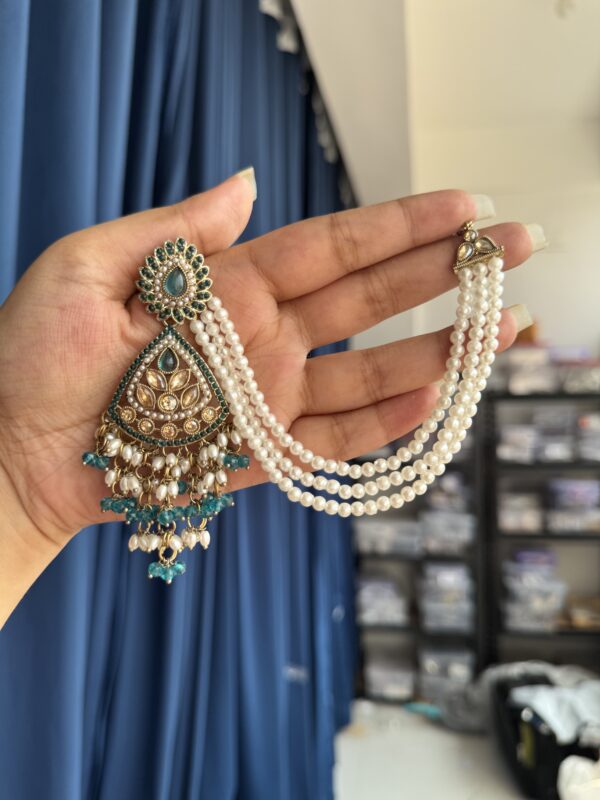 Gautami Premium Earrings With Kaan Chain - Teal Green