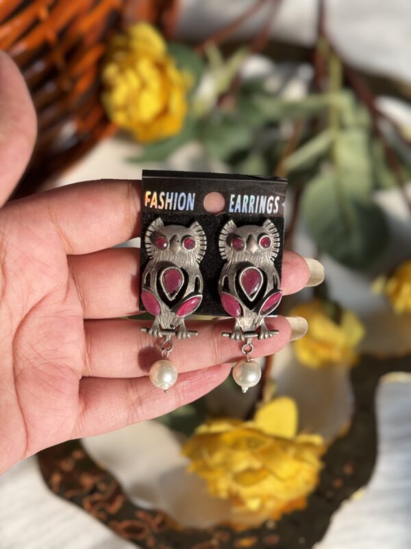 Brass Owl Earrings - Wine
