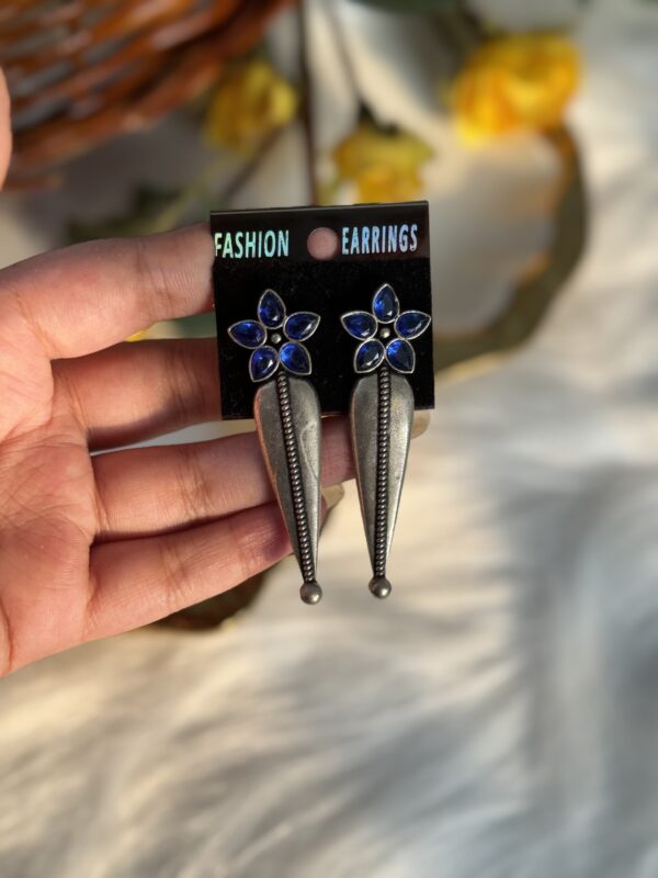 Long Brass Flower Earrings - Blue