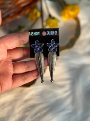 Long Brass Flower Earrings – Blue