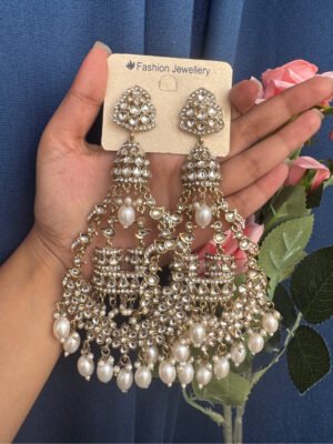 Long Sanchita Kundan Earrings -White