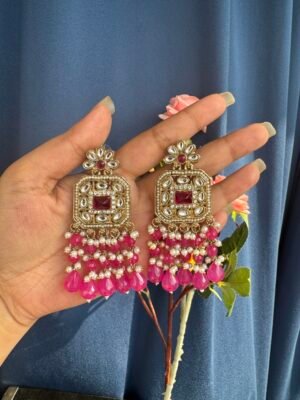Samia Premium Lightweight Kundan Earrings – Dark Pink