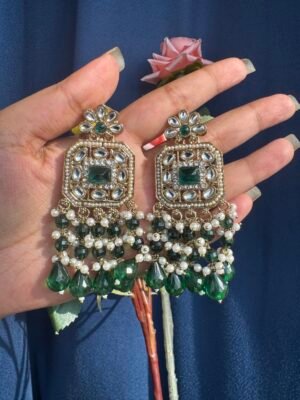 Samia Premium Lightweight Kundan Earrings – Dark Green