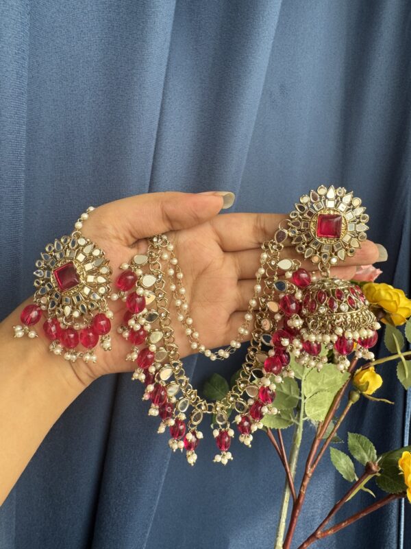 Nirali Kundan Earrings With Mangtika - Dark Pink