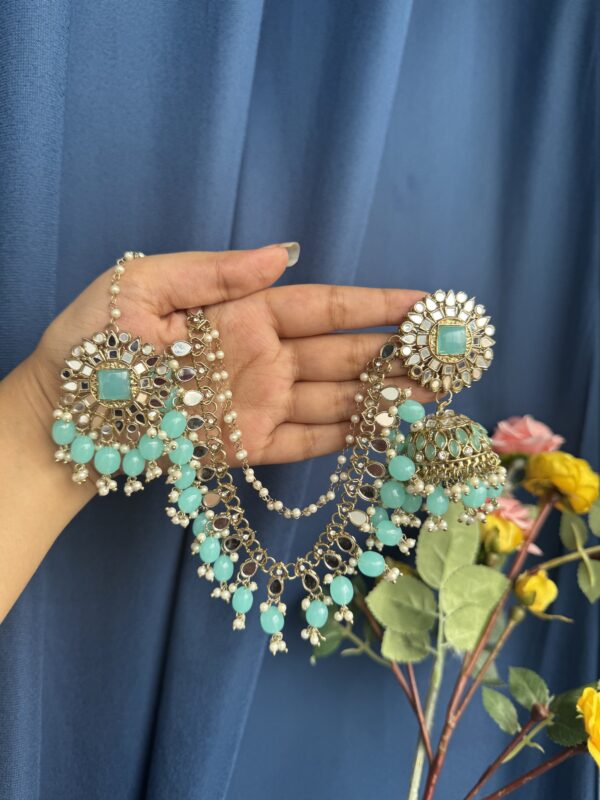 Nirali Kundan Earrings With Mangtika - Light Blue