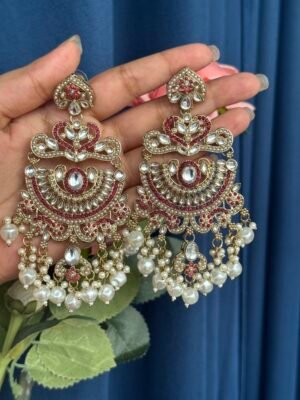 Saloni Premium Kundan Earrings – Dark Pink