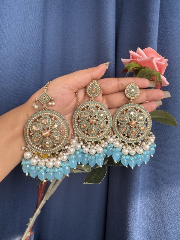 Bhavika Kundan Earrings and Mangtika- Light Blue