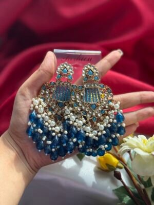 Ishani Kundan Chandbali Earrings - Teal Blue