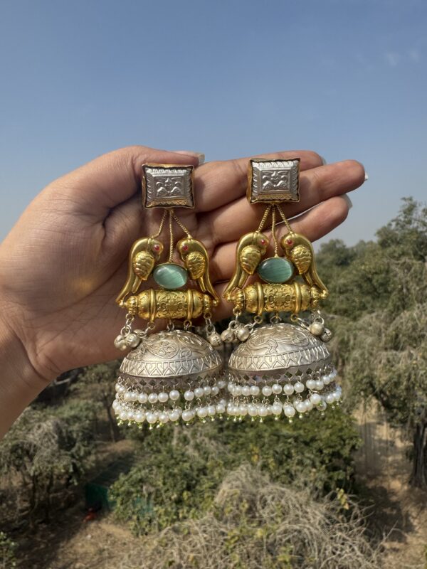 Radhika Golden Brass Jhumka - Mint Green