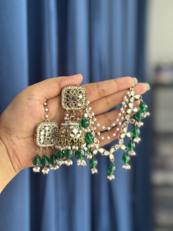 Heera Mirror Earrings with Mangtika - Green