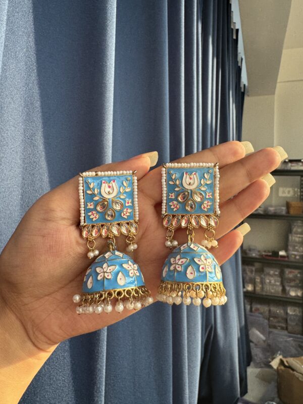 Meenakari Jhumka - Light Blue