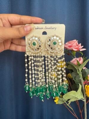 Maheera Long Kundan Earrings – Dark Green