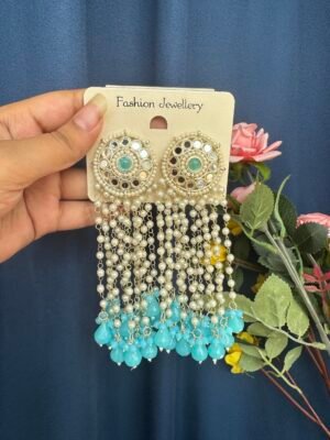 Maheera Long Kundan Earrings – Light Blue