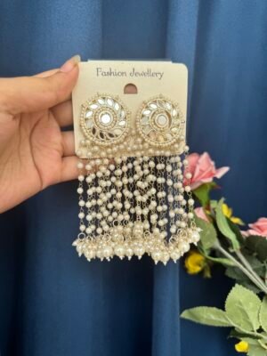 Maheera Long Kundan Earrings – White
