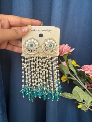 Maheera Long Kundan Earrings – Teal Green