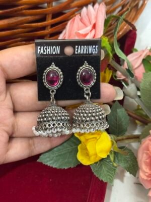 Brass Jhumka Earrings – Dark Pink