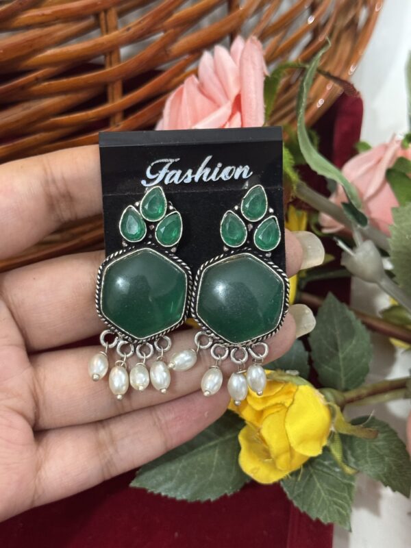 Brass Stone Earrings - Green