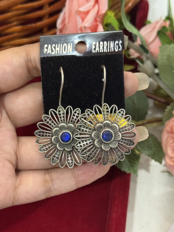 Brass Flower Earrings - Blue