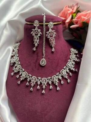Afreen American Diamond Set With Mangtika – White