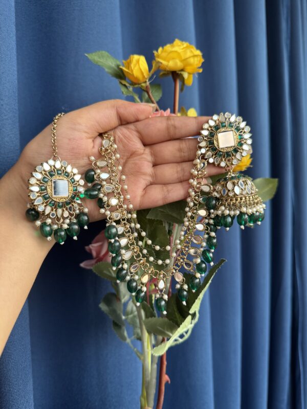 Nirali Kundan Earrings With Mangtika - Dark green