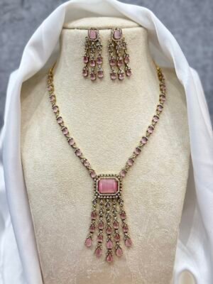 Sara Premium Sleek American Diamond Set – Mehendi Polish (Light Pink)