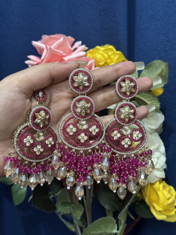 Yasmeen Premium Earrings With Mangtika - Dark Pink