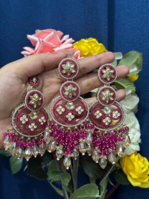 Yasmeen Premium Earrings With Mangtika – Dark Pink