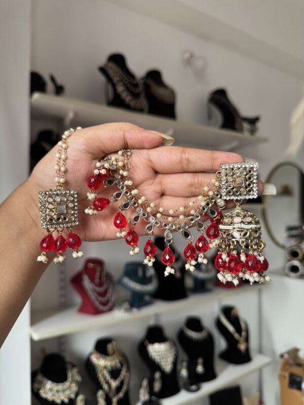 Pari Mirror Premium Earrings with Kaan Chain - Red