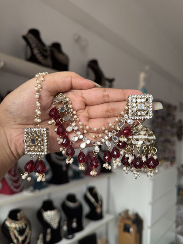 Pari Mirror Premium Earrings with Kaan Chain - Dark Red