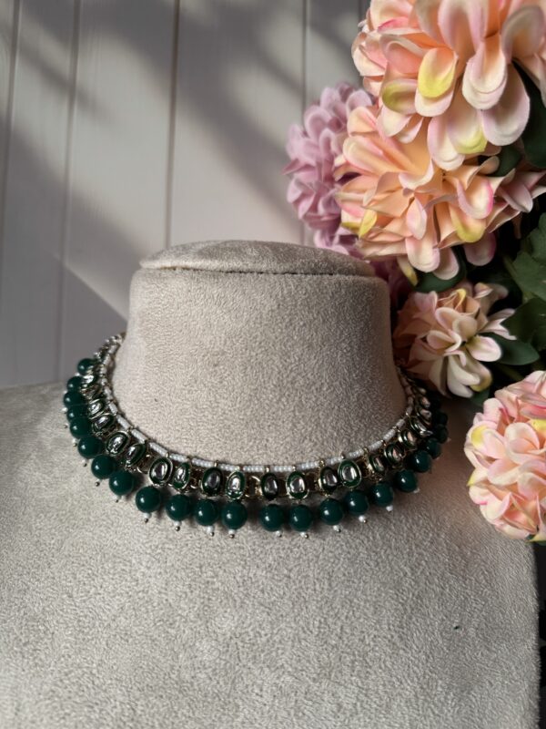 Anika Kundan Necklace with Mangtika - Dark Green - Image 2