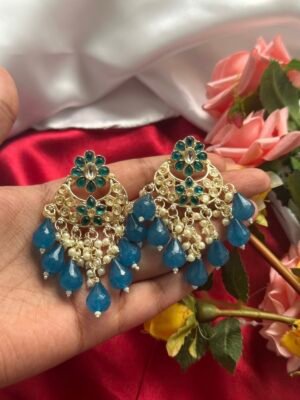 Drishti Kundan Earrings – Teal Blue