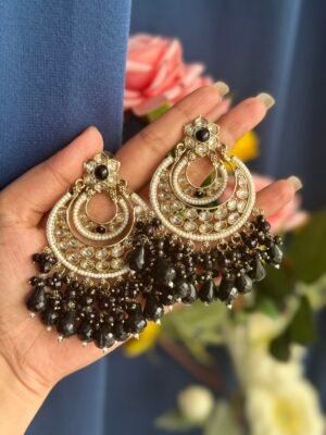 Anamika Kundan Chandbali Earrings – Black