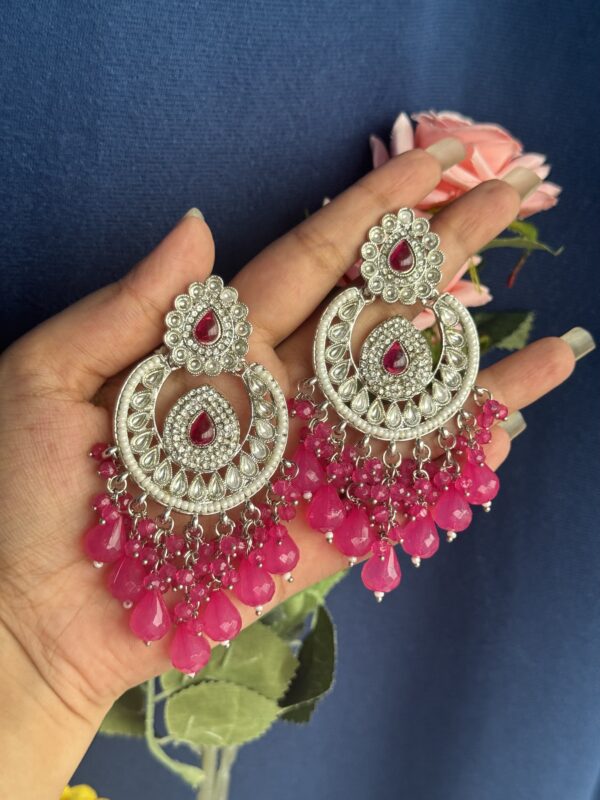 Aradhya Kundan Earrings - Silver Polish -  Dark Pink