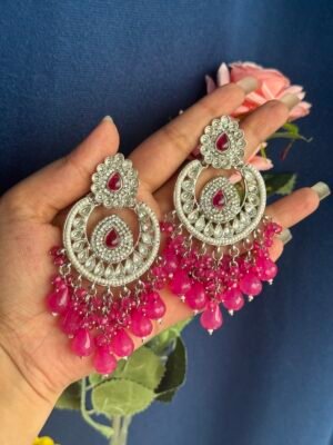 Aradhya Kundan Earrings – Silver Polish –  Dark Pink